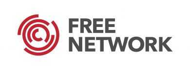 Logo showing a red, circular design to the left and the text "FREE NETWORK" in gray to the right, symbolizing freedom from psychological distress.