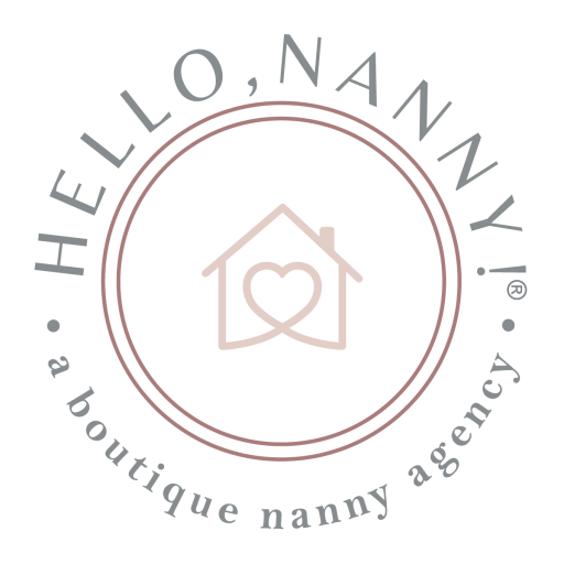 Logo of Hello, Nanny!, featuring a house with a heart inside, encircled by the text "a boutique nanny agency," catering to busy moms.
